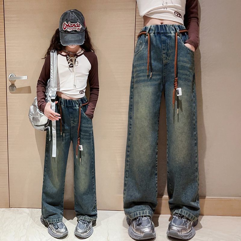 女童褲子春秋時髦洋氣大童休閒寬鬆闊腿褲秋款長褲秋季兒童牛仔褲