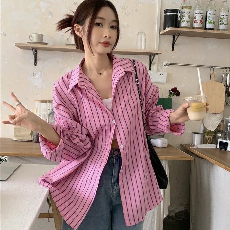 秋季女裝美式條紋襯衫女長袖外穿寬鬆外套胖mm大碼襯衣上衣女洋氣