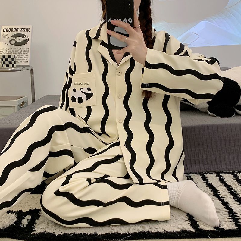 熊貓睡衣女春秋季日系條紋卡通長袖學生小個子可外穿居家服套裝