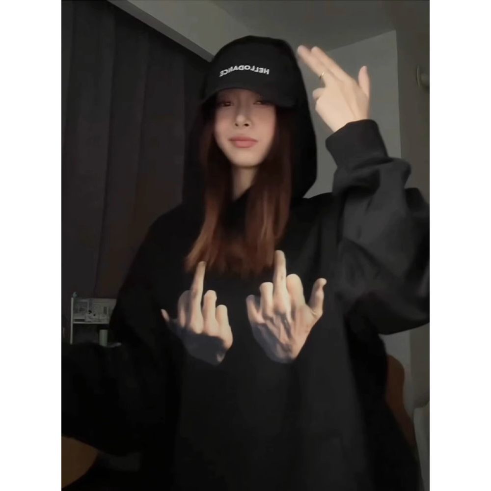 100%紡棉美式高街潮牌百搭黑色連帽衛衣oversize小眾設計上衣女