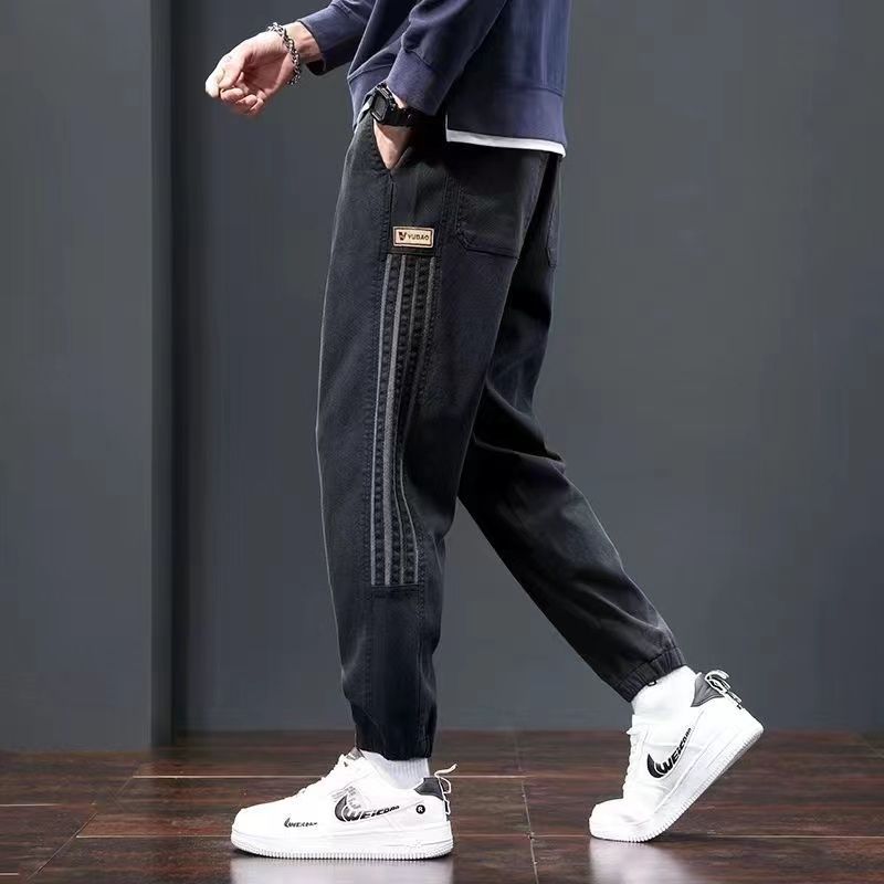 Men's casual trousers plus velvet autumn and winter  new harem stretch leg sports trendy brand high-end thickened trousers