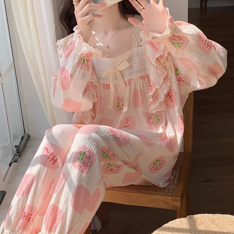 春秋季睡衣女梭織棉長袖2023年新款可愛卡通網紅風夏天家居服套裝