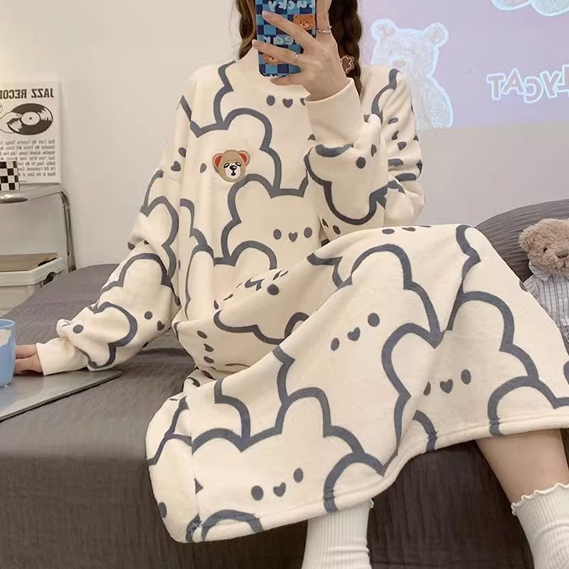 珊瑚絨睡衣女款秋冬季加厚加絨卡通可愛睡裙女網紅風法蘭絨家居服