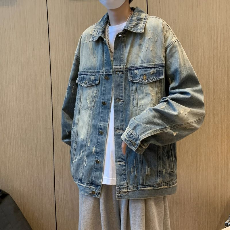 做舊破洞工裝夾克男士春秋季美式hiphop牛仔外套潮牌寬鬆工裝上衣