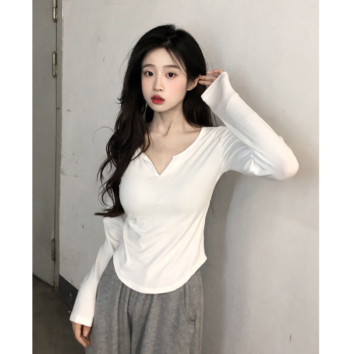 純棉正肩v領長袖t恤女純色春秋季2023新款設計感小眾修身短款上衣