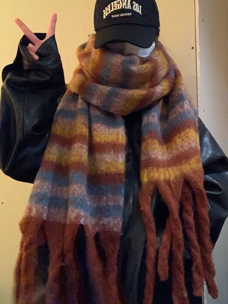 Korean style striped scarf winter girls high-end brushed color warm scarf student couple shawl dual use