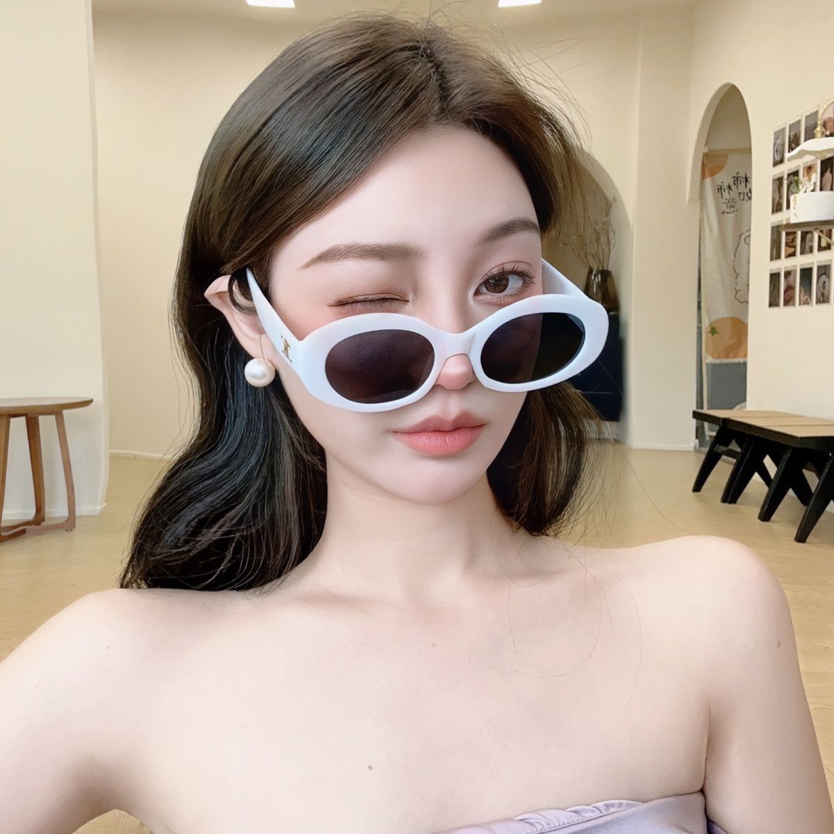 橢圓白框墨鏡歐美凹造型太陽鏡拍照女防紫外線強光高級感ins顯瘦