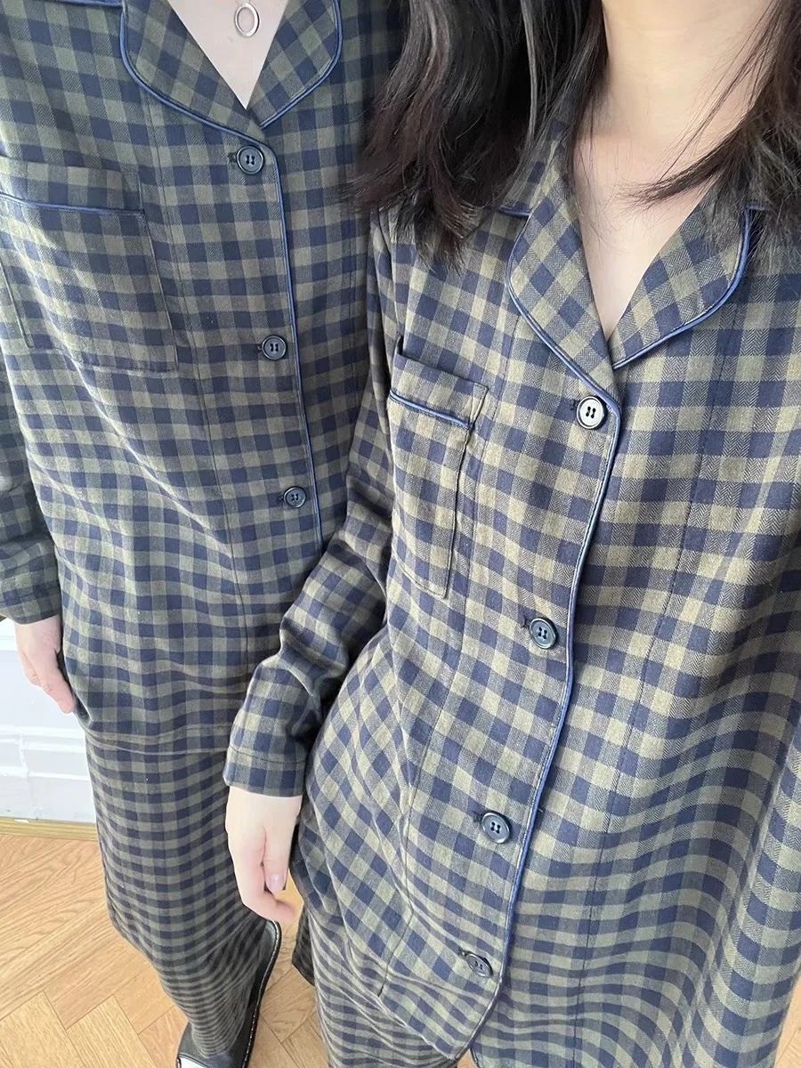簡約格子棉質情侶睡衣女春秋季長袖開衫套裝青少年寬鬆男士家居服