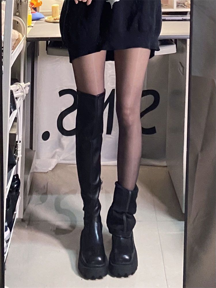 韓版顯腿長巨性感過膝長靴女2023粗跟厚底彈力瘦瘦靴方頭長筒靴潮
