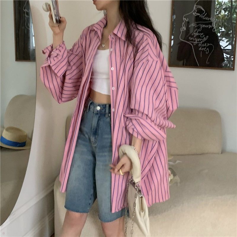 粉色撞色條紋襯衫女夏季新款中長款寬鬆大版oversize薄款防曬開衫