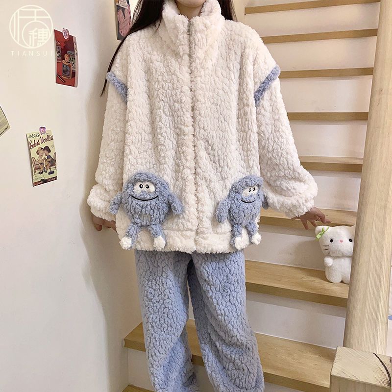可外穿珊瑚絨睡衣女士新款冬季加絨加厚保暖法蘭絨拉鏈家居服套裝