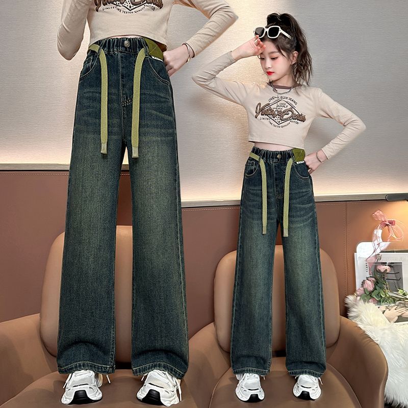 女童闊腿褲春秋2023新款洋氣外穿休閒時尚直筒牛仔褲兒童秋季褲子