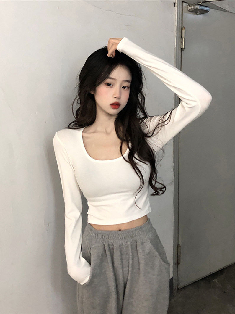 純棉白色方領打底衫內搭女秋季修身顯瘦t恤女辣妹短款長袖上衣潮