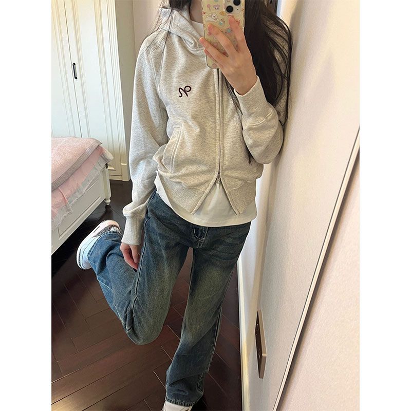 美式復古花灰色連帽開衫拉鏈衛衣女春秋小眾寬鬆百搭短款開衫上衣