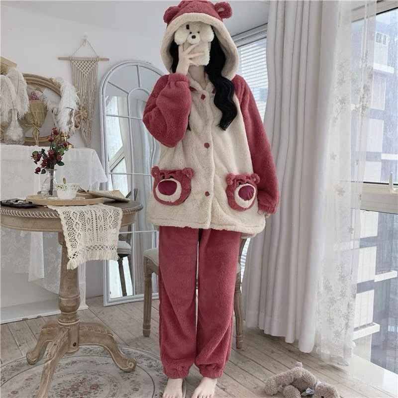 年新款睡衣女秋冬季珊瑚绒加厚加绒网红可爱草莓熊家居服套装