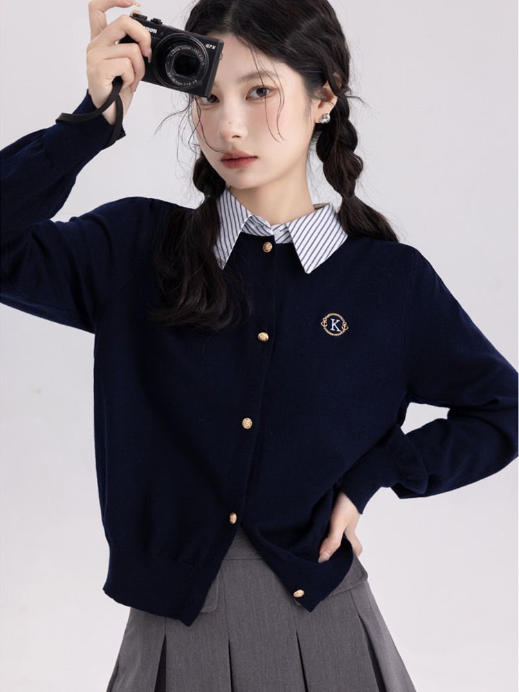 MINETTE針織開衫假兩件女春秋季復古學院風長袖拼接領設計感上衣