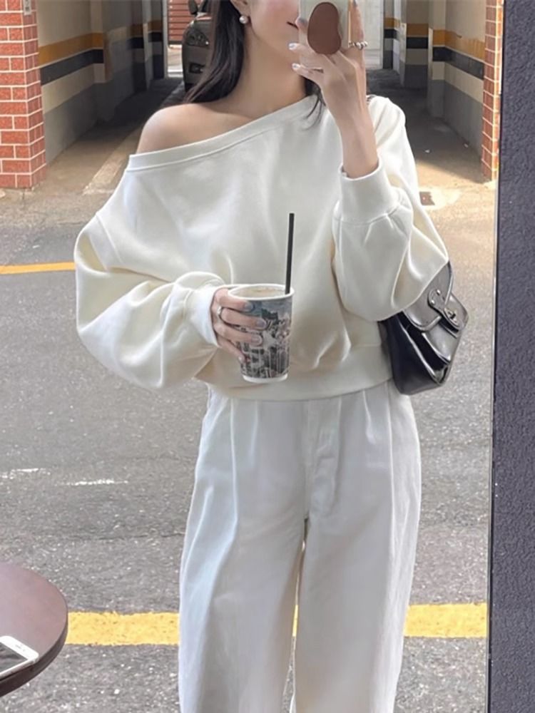 小心機約會氣質側露肩設計感寬鬆衛衣套頭長袖上衣女秋季打底外套