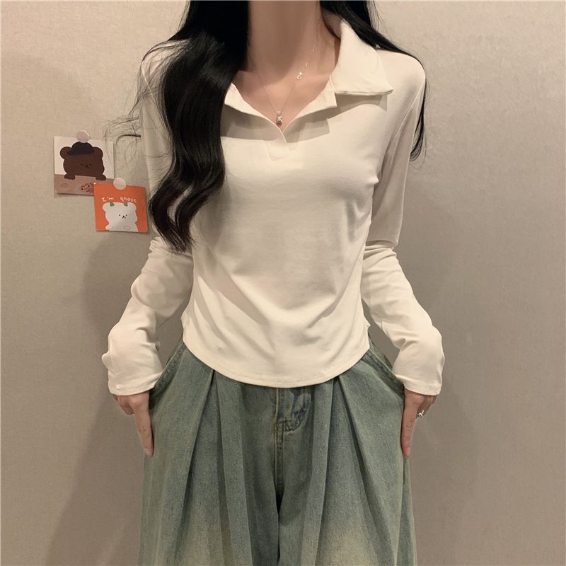 韓系簡約純色polo領純欲長袖T恤女初秋設計感修身外穿小個子上衣