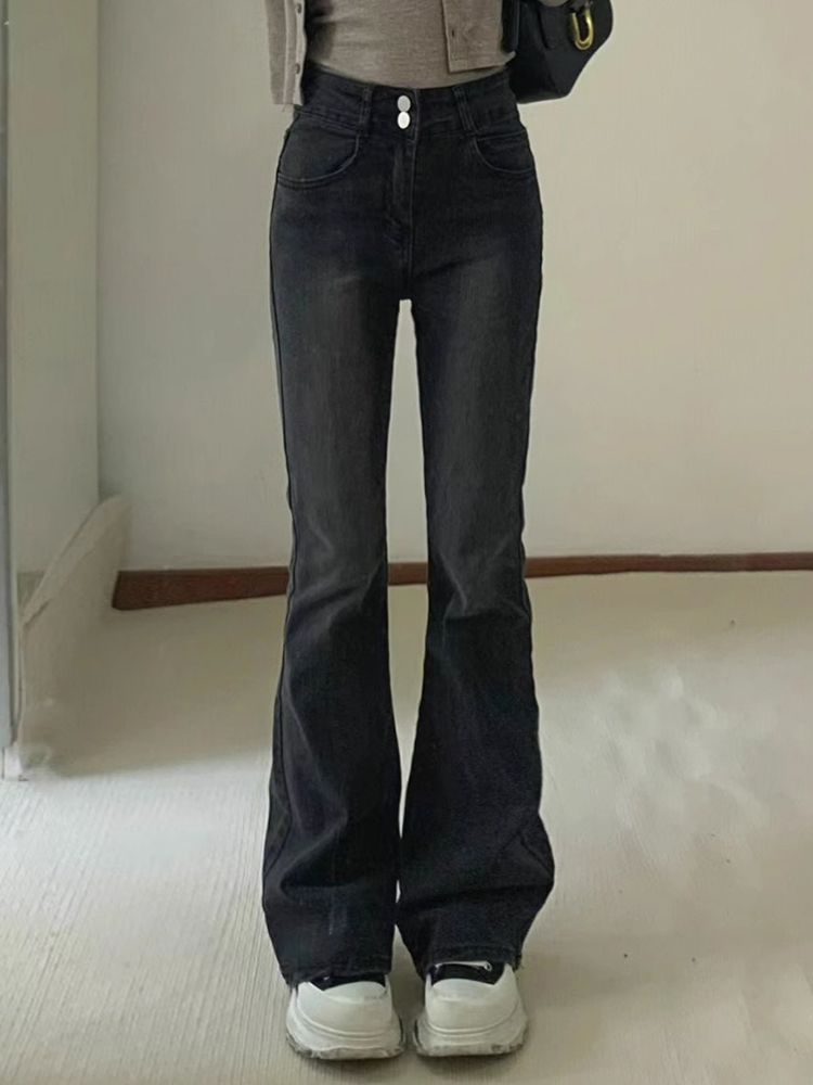 煙灰色復古微喇牛仔褲女秋季新款高腰修身顯瘦直筒拖地喇叭褲子潮