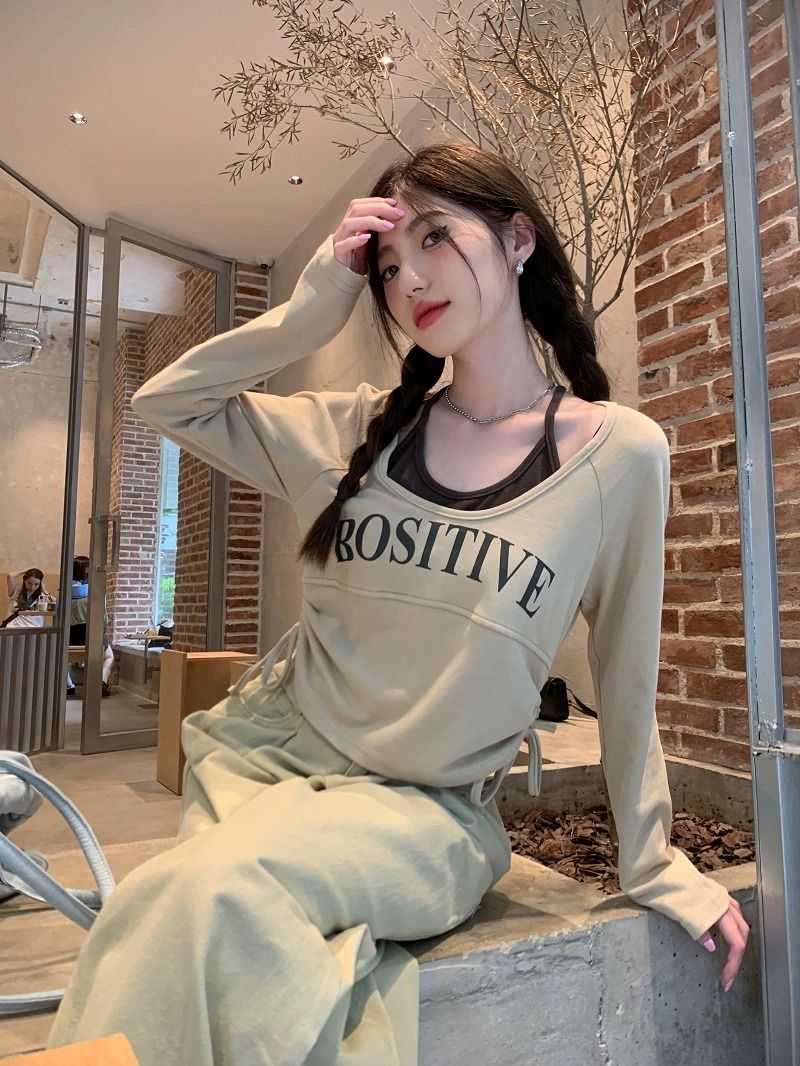 純欲辣妹穿搭小眾設計感獨特假兩件長袖T恤女秋季修身短款上衣ins