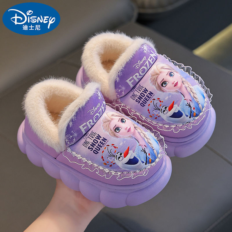 Disney Winter Girls Cotton Slippers Princess Elsa Warm Plus Velvet PU Leather Waterproof Frozen Girls Cotton Shoes
