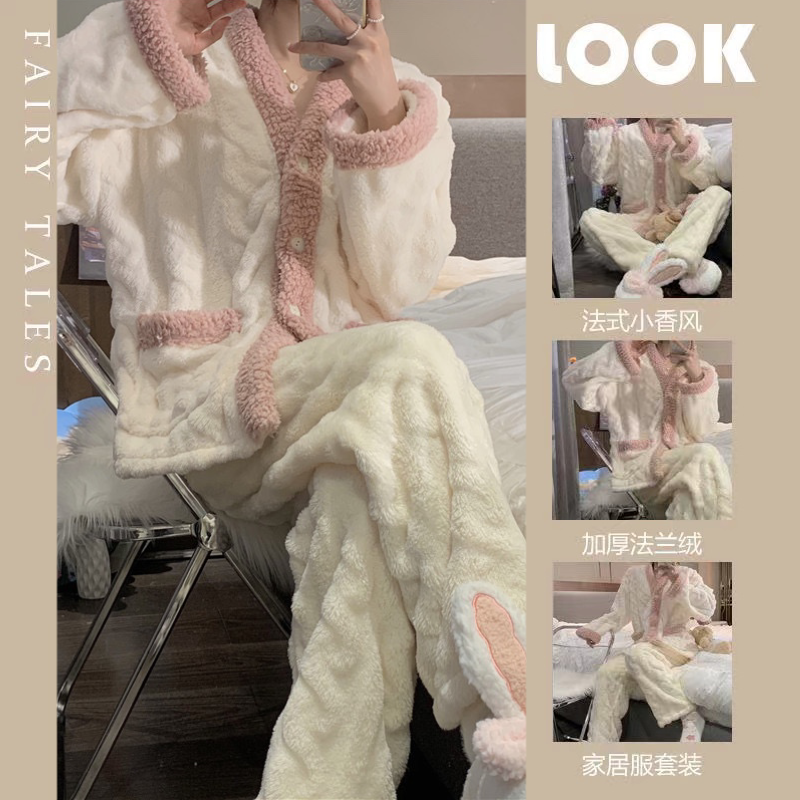 珊瑚絨睡衣女秋冬季加厚保暖可愛法蘭絨家居服2023新款可外穿套裝