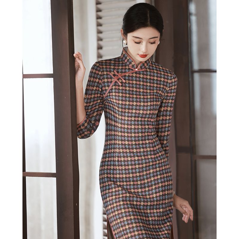 老上海旗袍復古格子2023秋冬女中國風高端優雅氣質改良日常連衣裙
