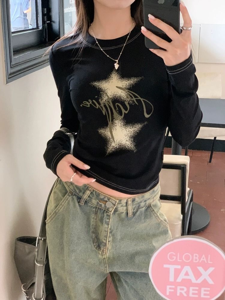星星印花長袖黑色T恤女秋季辣妹修身顯瘦白色打底衫短款美式上衣