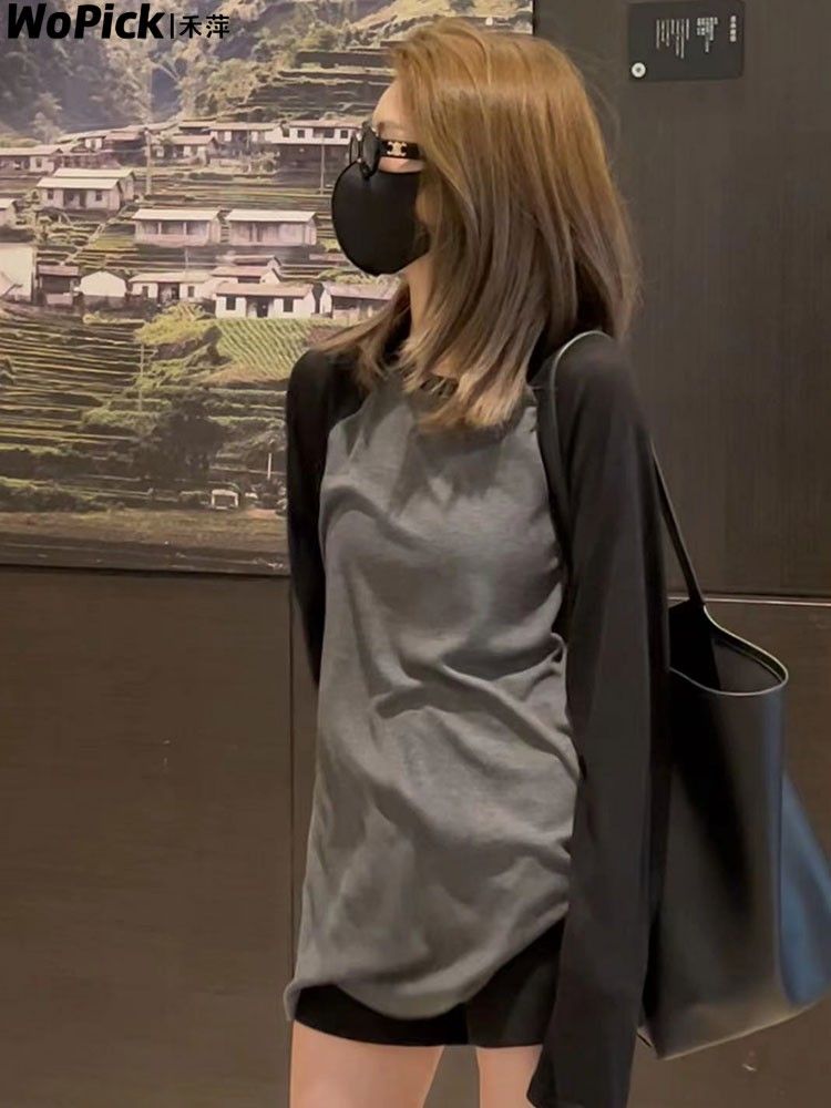 插肩袖撞色長袖T恤女2023秋季新款圓領寬鬆中長款百搭打底衫上衣
