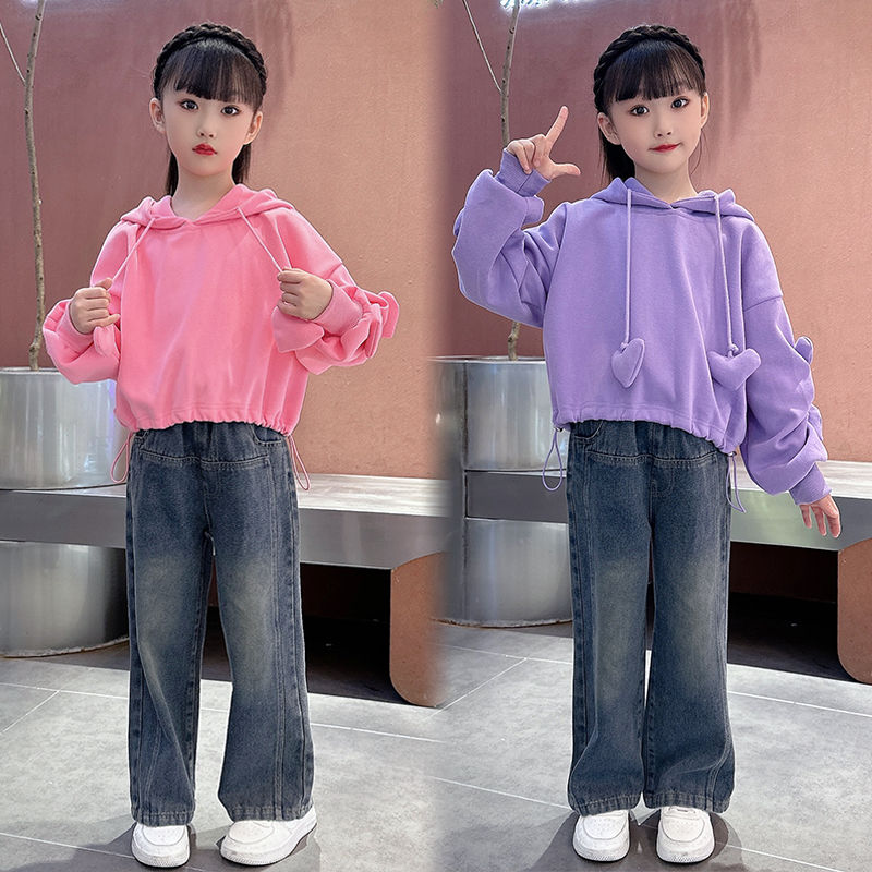 女童秋季衛衣套裝2023新款兒童洋氣韓系網紅百搭牛仔褲休閒兩件套