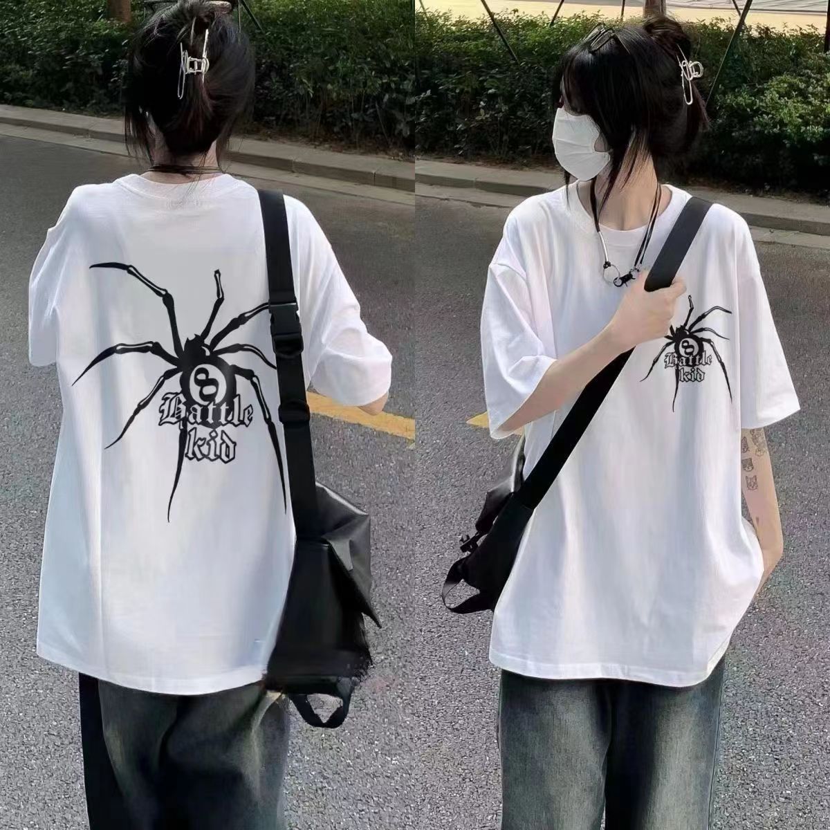 100%超火純棉新款小眾蜘蛛印花短袖男韓版寬鬆百搭ins情侶潮T恤女