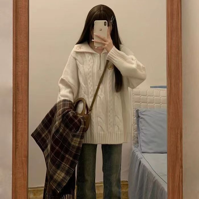 日系復古慵懶風翻領毛衣針織衫女裝秋季繡花設計感半拉鏈寬鬆外搭