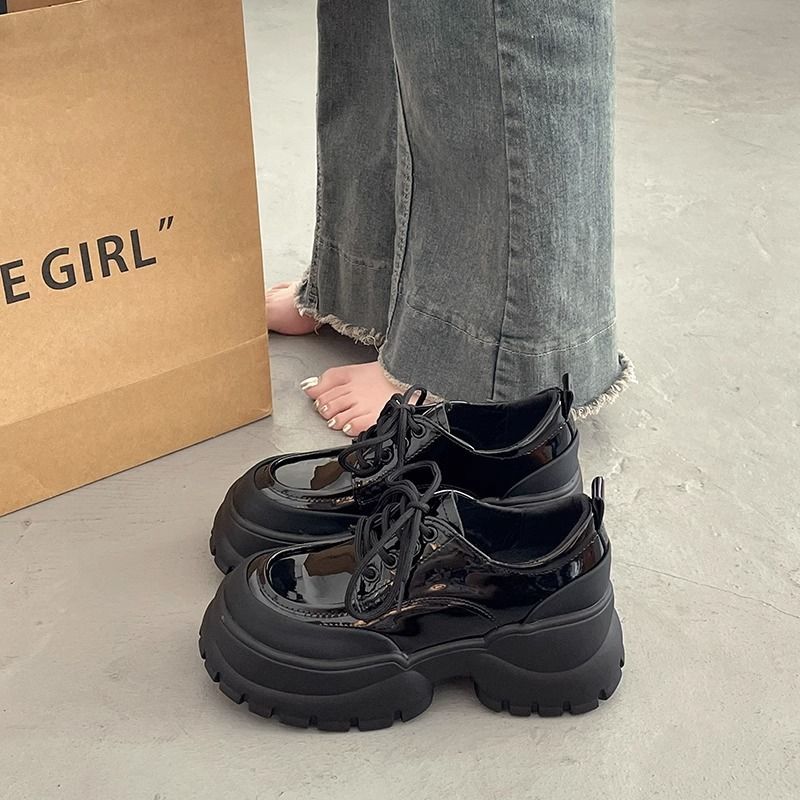 2023 New Women's Shoes Thick-soled Patent Leather Mary Jane Fashionable and Versatile Autumn Round-Toe Retro College British Style Shoes