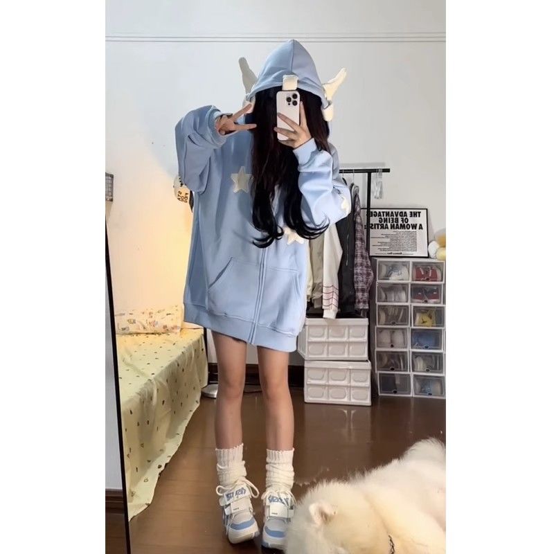 Star wings loose hooded cardigan plus velvet sweatshirt for women autumn and winter new oversize design niche jacket