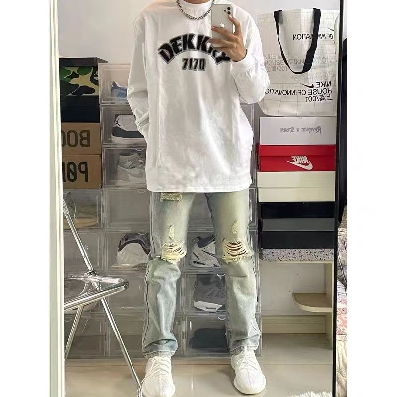 ins美式新款設計感字母印花純棉長袖T恤男秋季寬鬆打底衫潮牌男裝