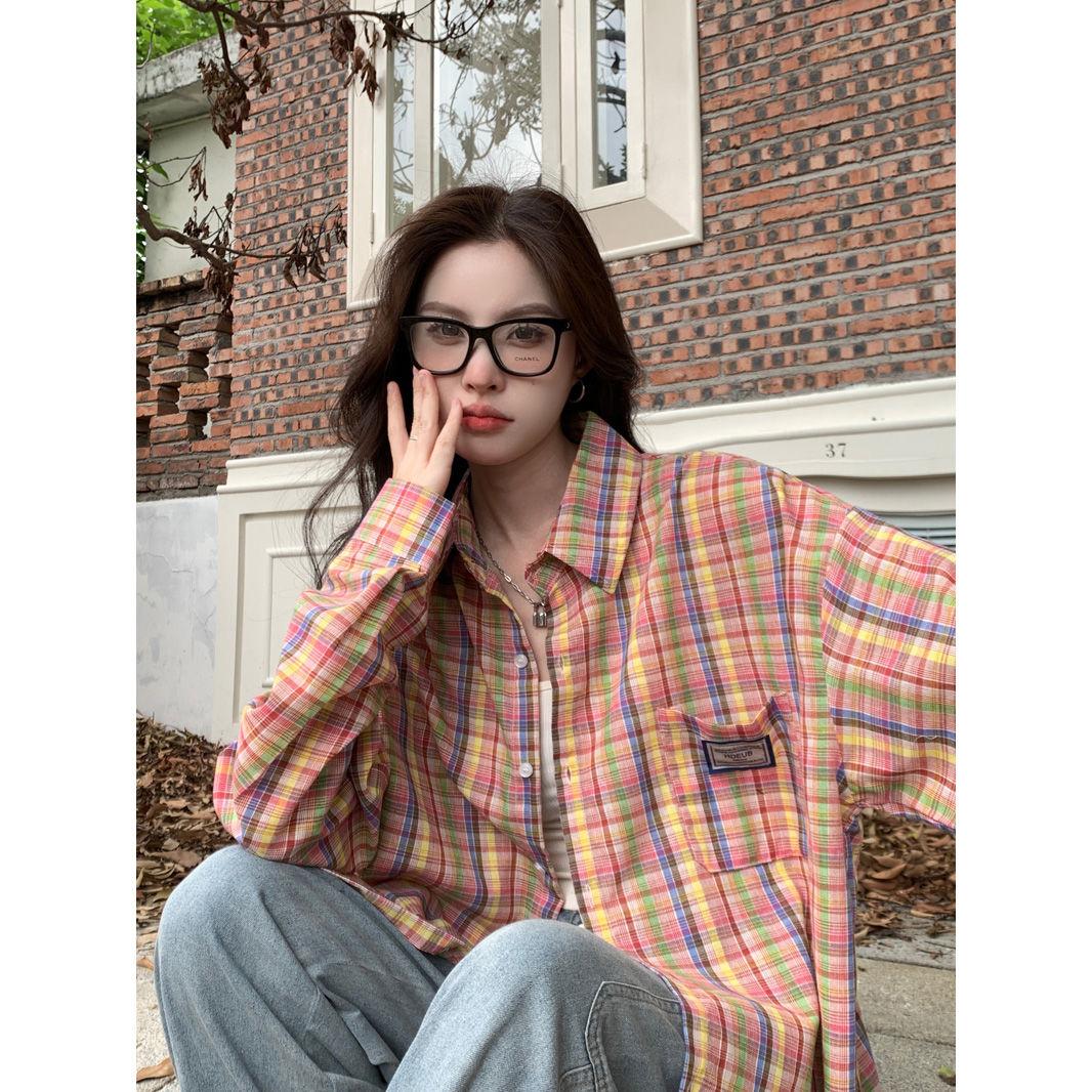 韓版甜美彩色格子襯衫女秋季外搭寬鬆設計感休閒百搭別致上衣外套