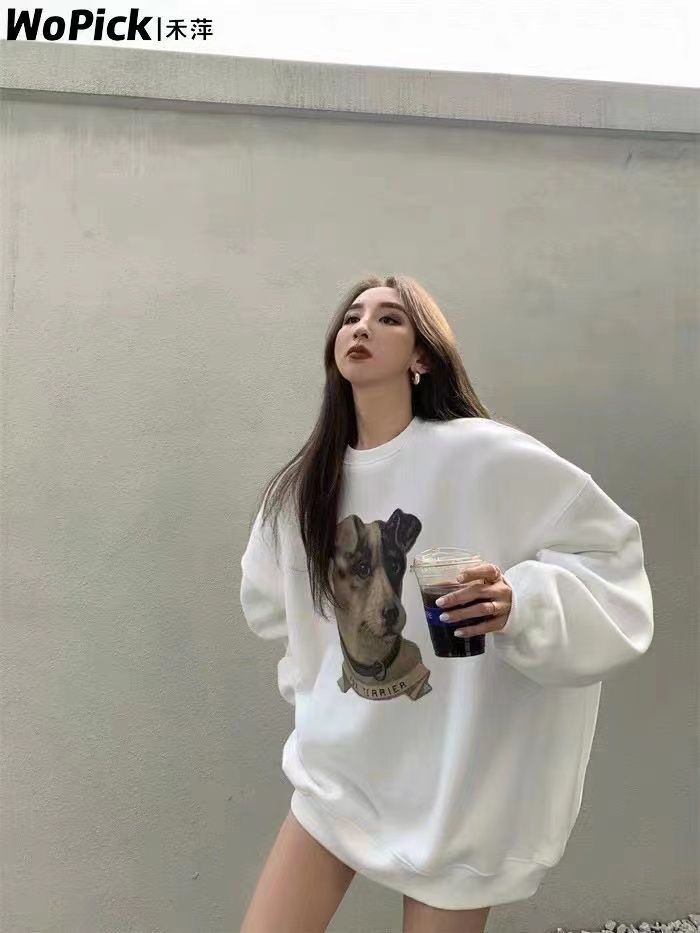 國潮美式圓領衛衣女2023秋冬新款韓系ins寬鬆百搭加絨外套上衣服