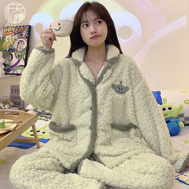 珊瑚絨睡衣女秋冬季加厚加絨2023年法蘭絨卡通冬天保暖家居服套裝