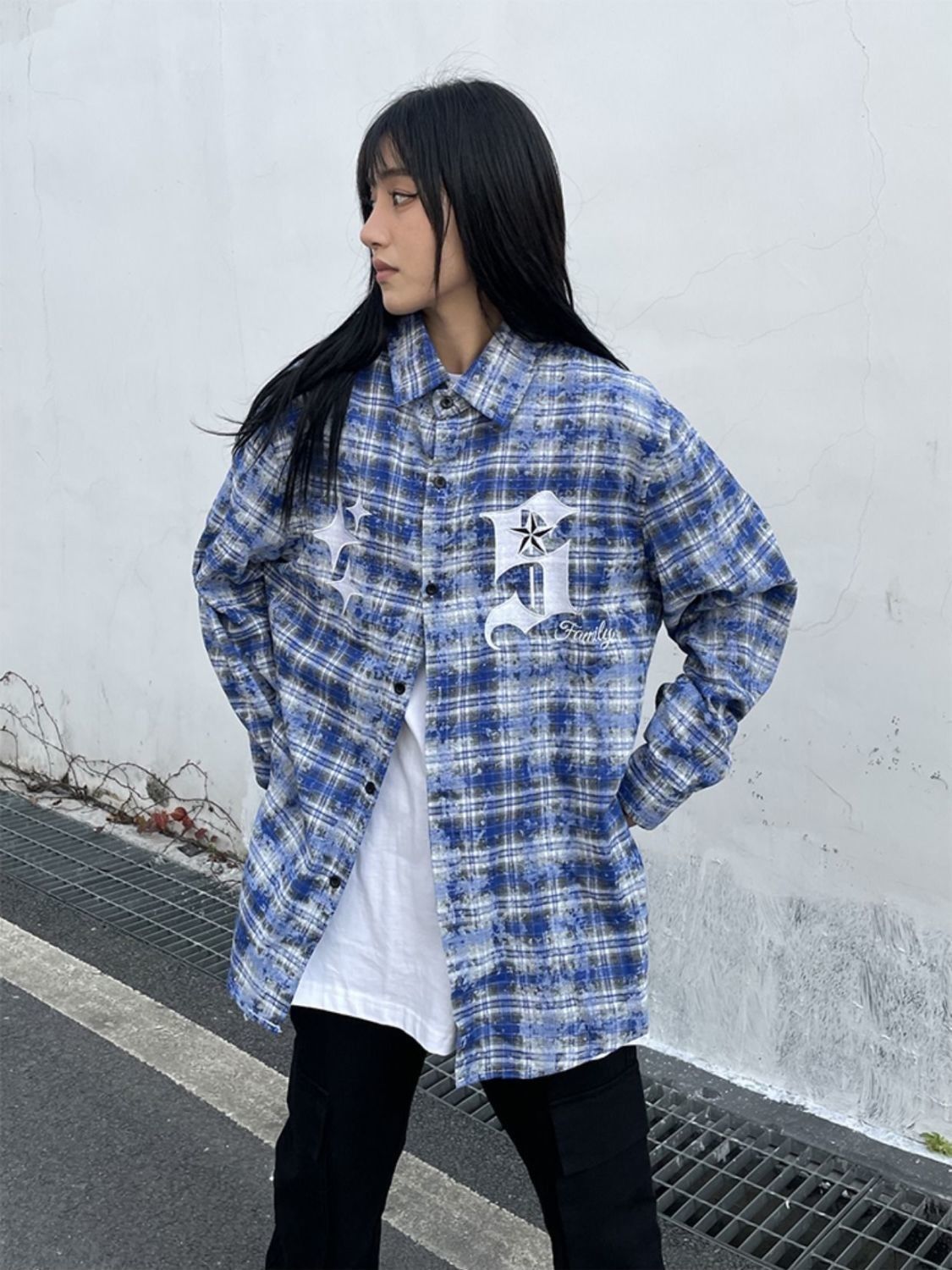 秋季女裝美式復古格子襯衫女長袖外穿長款外套寬鬆襯衣上衣女洋氣