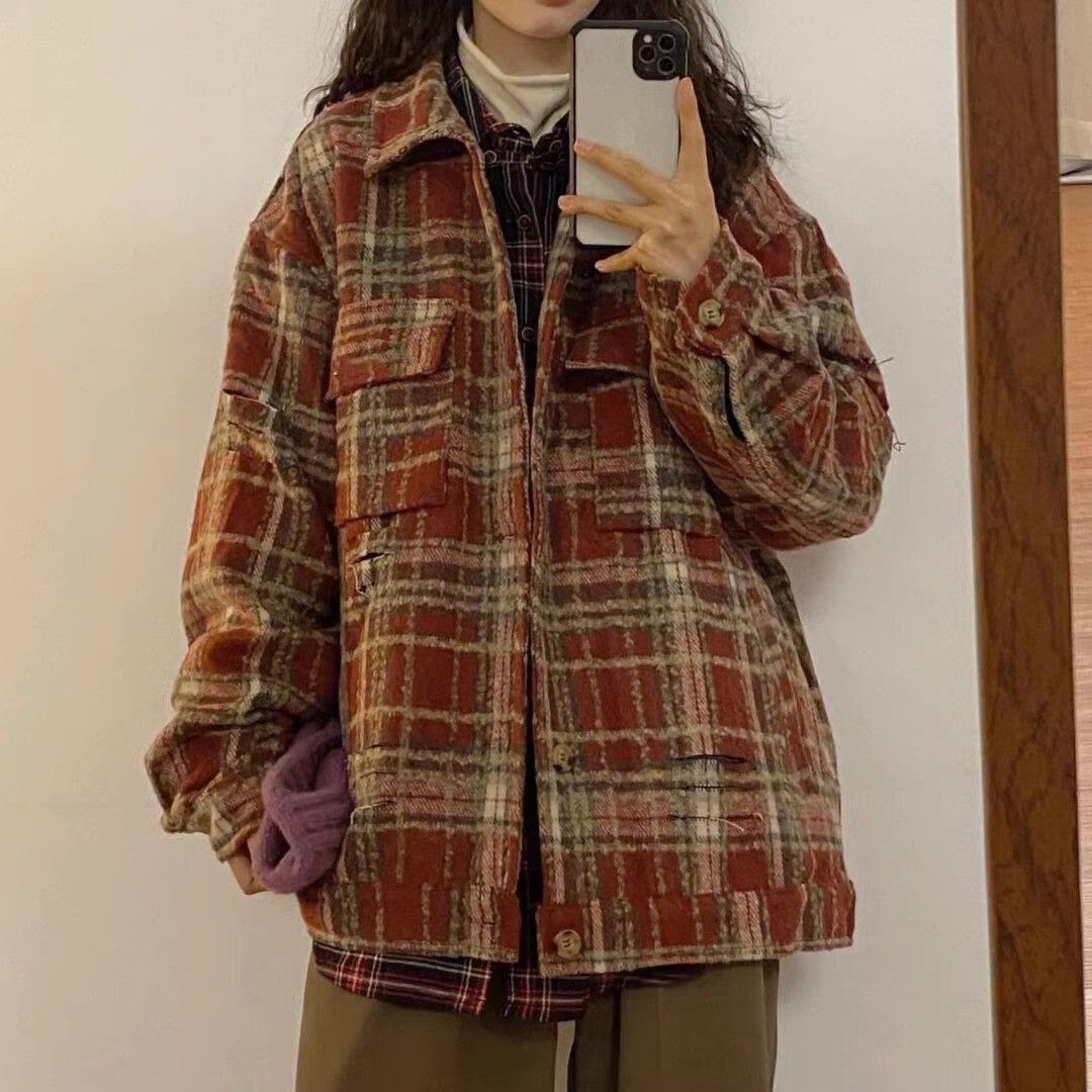 紅色格子小香風外套女春秋款美式復古男裝高級感情侶裝蘇格蘭夾克