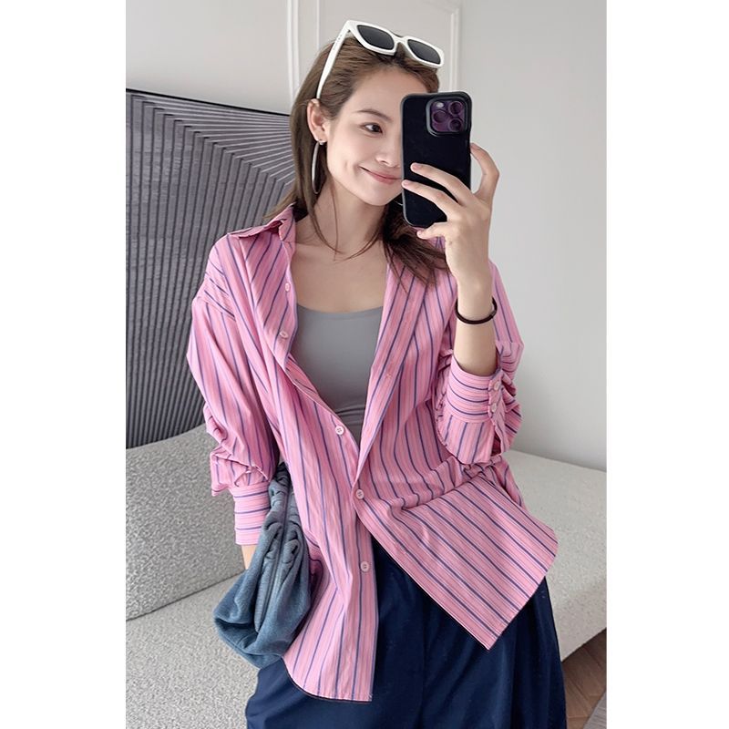 秋季美式條紋襯衫女長袖外穿寬鬆外套胖mm大碼女裝襯衣上衣女洋氣