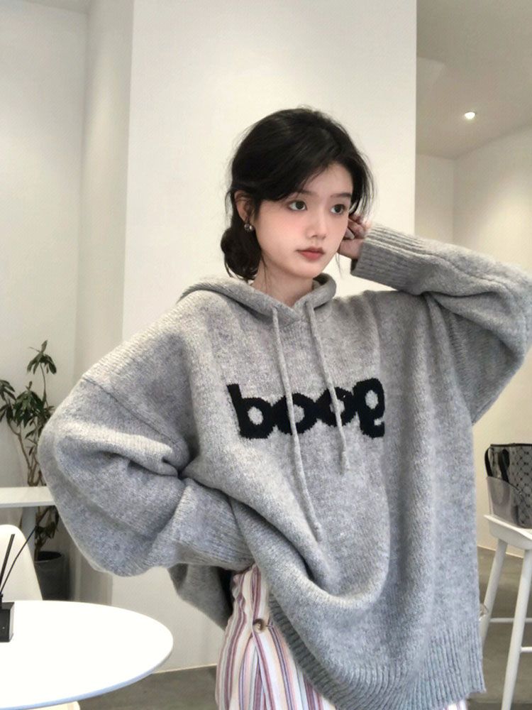 時尚潮流毛衣女連帽秋冬小個子慵懶風高級感設計感小眾厚針織上衣