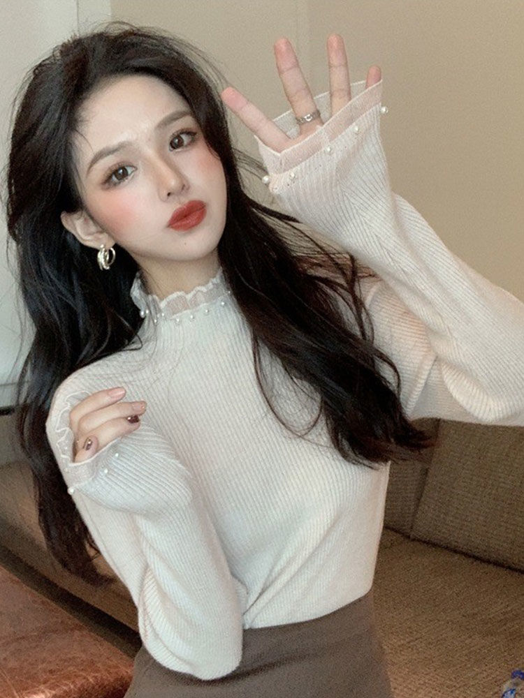 半高領打底針織衫洋氣內搭設計感小眾網紗蕾絲毛衣女秋冬純欲上衣