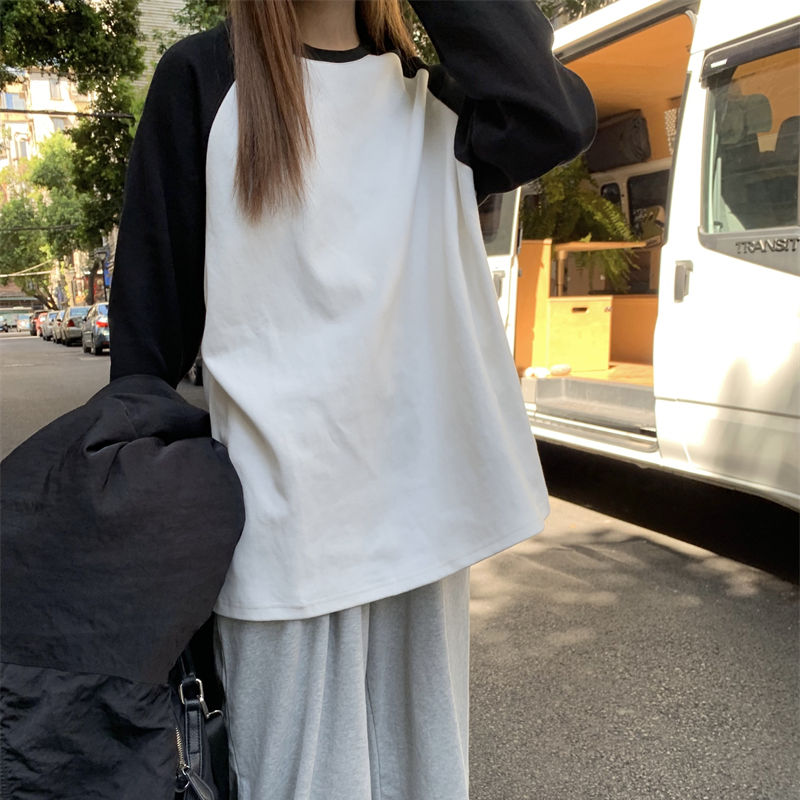 美式復古拼接插肩長袖純棉T恤女秋季2023新款寬鬆內搭打底衫上衣