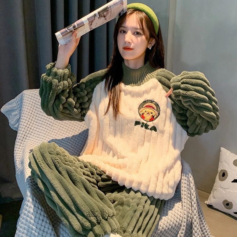 秋冬季珊瑚絨睡衣女士2023新款加絨加厚保暖冬天法蘭絨家居服套裝