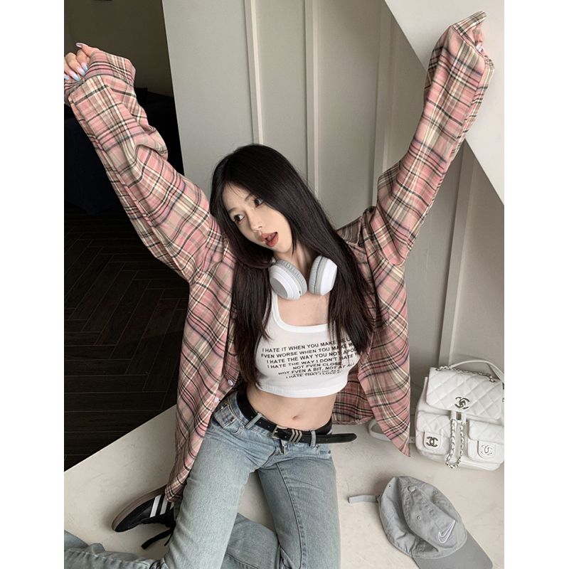粉色格子襯衫外套女春秋新款美式復古寬鬆外搭襯衣長袖中長款上衣