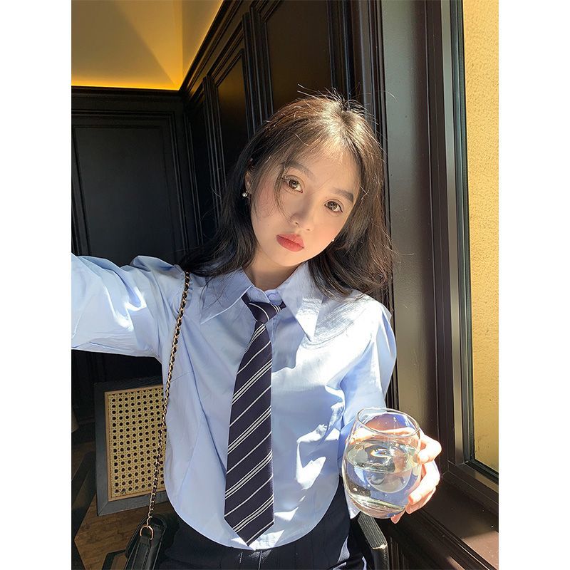 藍色短款領帶襯衫女2023年春秋季新款長袖襯衣收腰設計感顯瘦上衣
