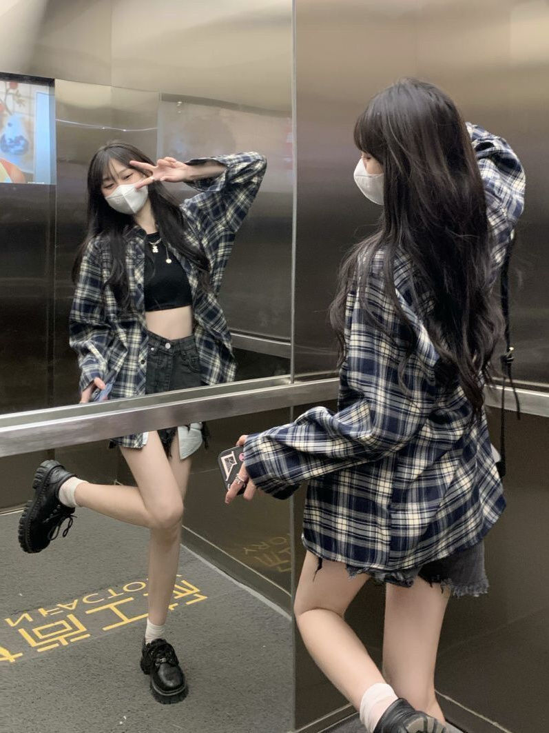 格子襯衫女早秋新款設計感小眾外穿防曬襯衫高級感長袖上衣外套