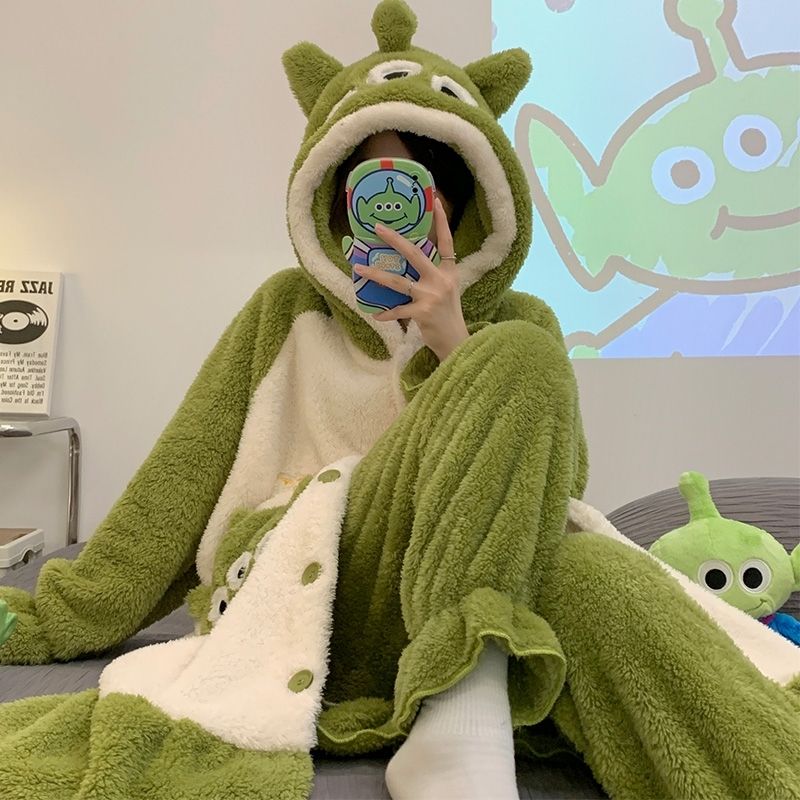 睡衣秋冬季冬季珊瑚加厚加絨新款睡袍卡通法蘭絨家居服可愛套裝