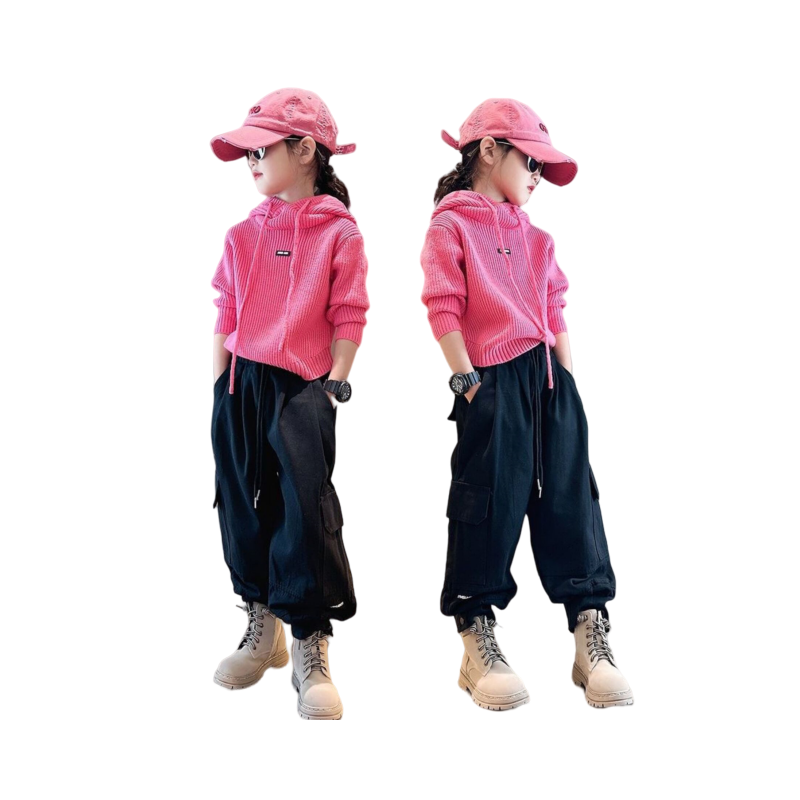 2023女童秋装新款针织套装时髦洋气连帽卫衣工装裤两件套5-12岁潮